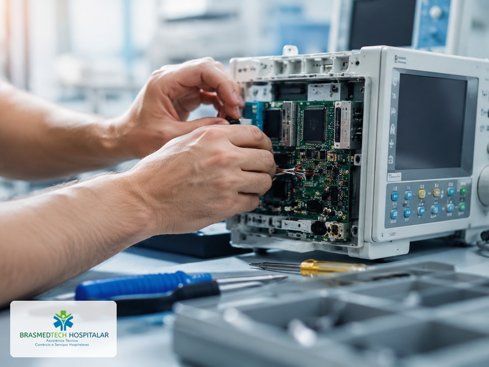 Técnico BrasMedTech realizando manutenção em equipamento hospitalar